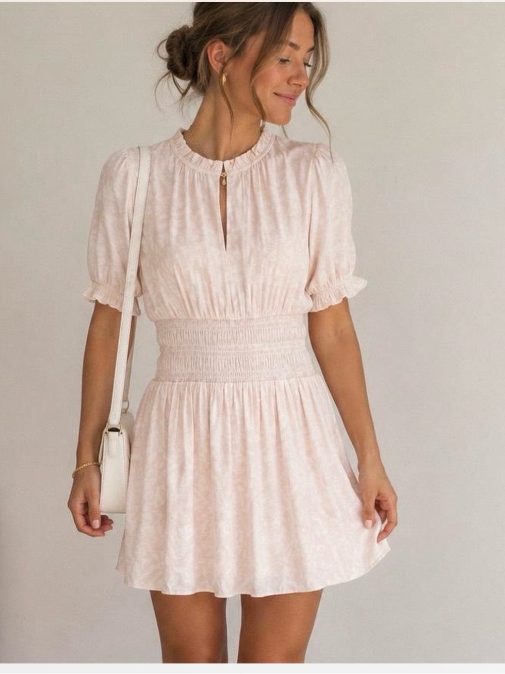 NINE WEST  Blouson Mini Dress Beige Ruffle Cinched Waist Sz -XL